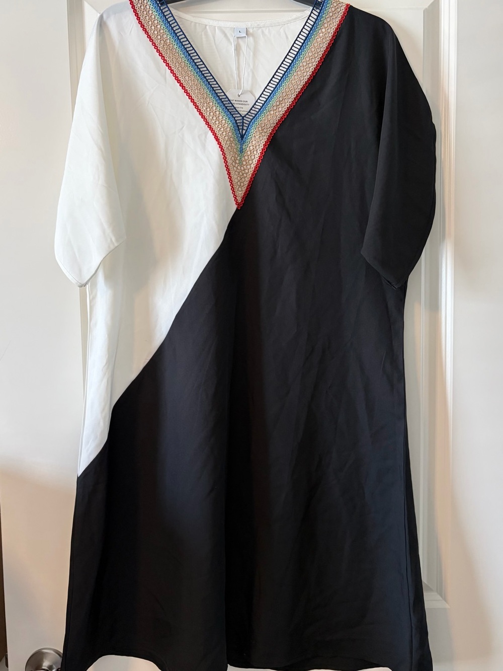 Colorblock Black & White V-Neck Kaftan with Embroidered Trim - Coverup - Dress